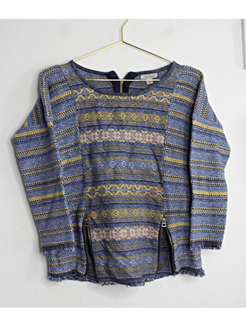 Lucky Brand Blue Yellow Boho Woven Knit Long Sleeve Top - XS